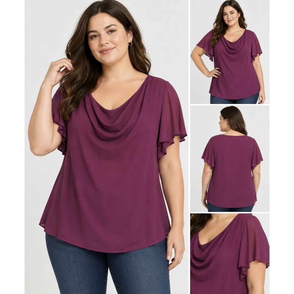 Torrid Size 1/14-16 Purple Plum Cowl Neck Flutter Sleeve Blouse Tunic Top Plus